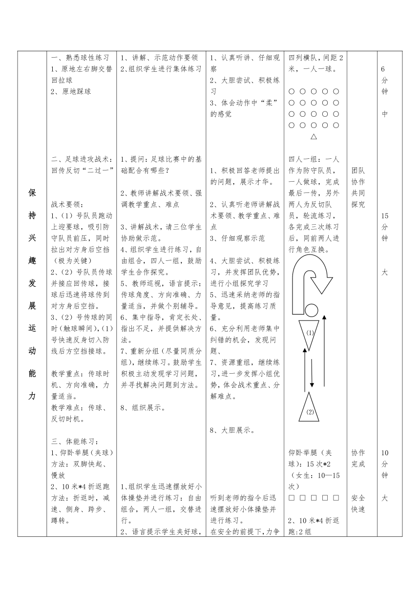 高一上学期体育与健康人教版 足球—回传反切“二过一”进攻战术及体能练习 教案（表格式）