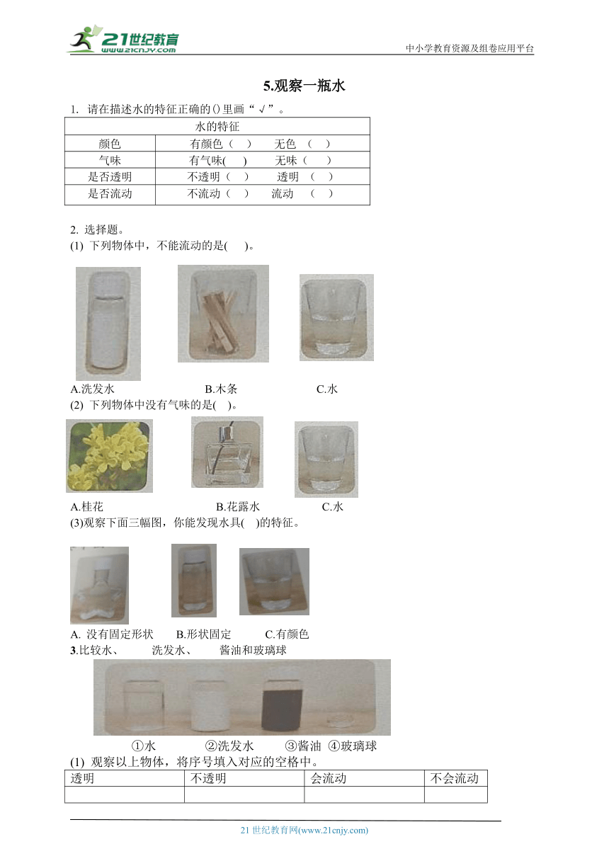 1.5 观察一瓶水 同步练习（含答案）