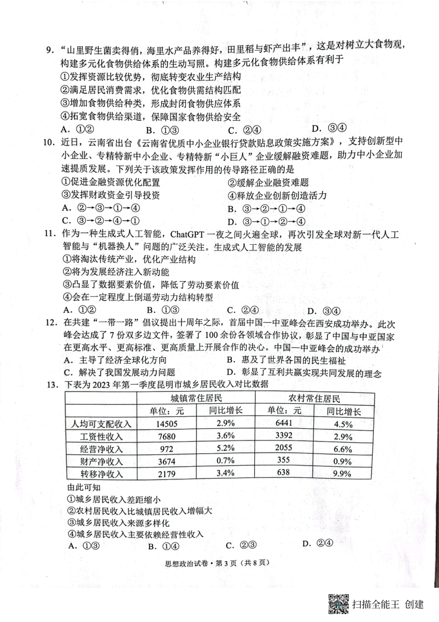 云南省昆明市2022-2023学年高一下学期期末质量检测政治试卷（PDF版无答案）