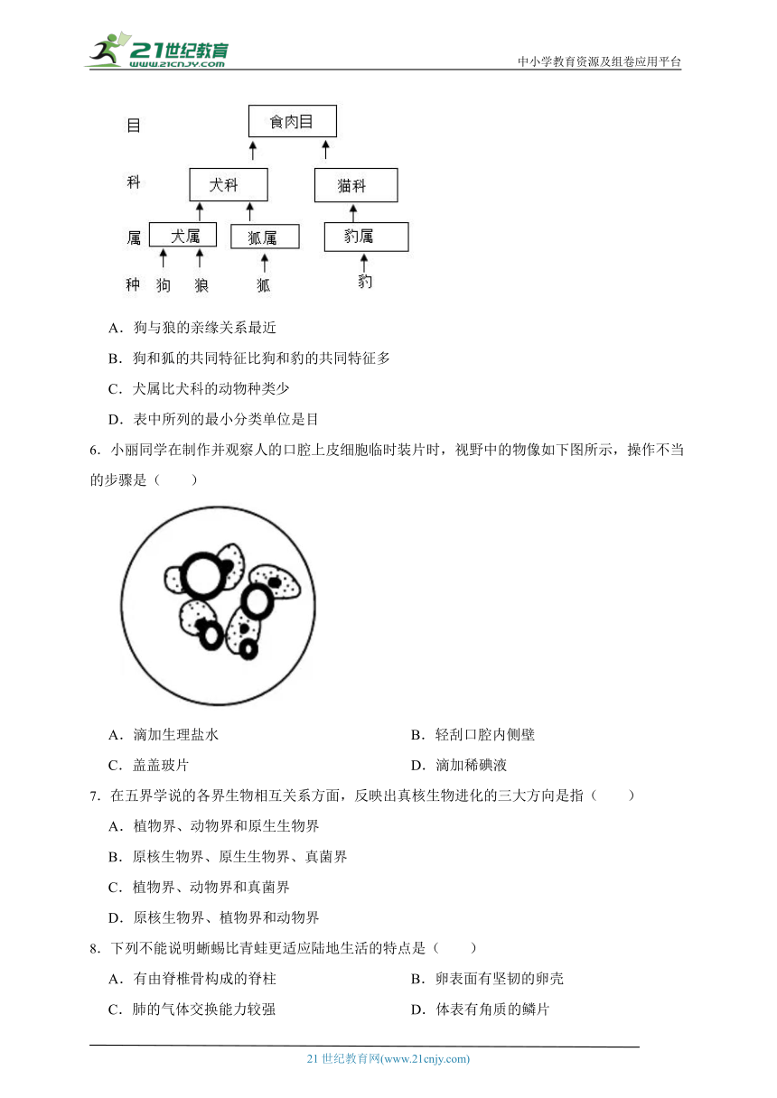 苏科版生物2023年春期七下期末质量评估检测题2（含解析）