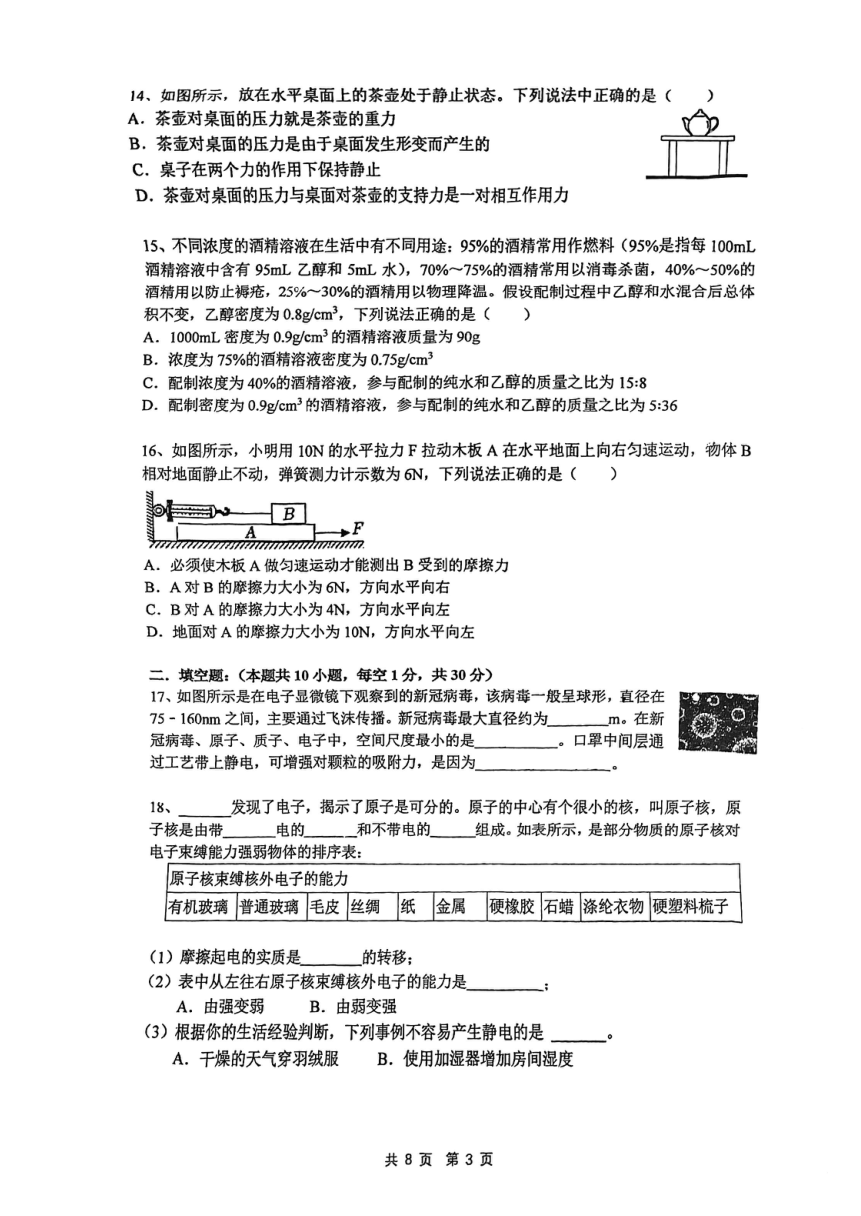 江苏省南京外国语学校 2023一2024学年度下学期期中八年级物理试题（PDF版 无答案）