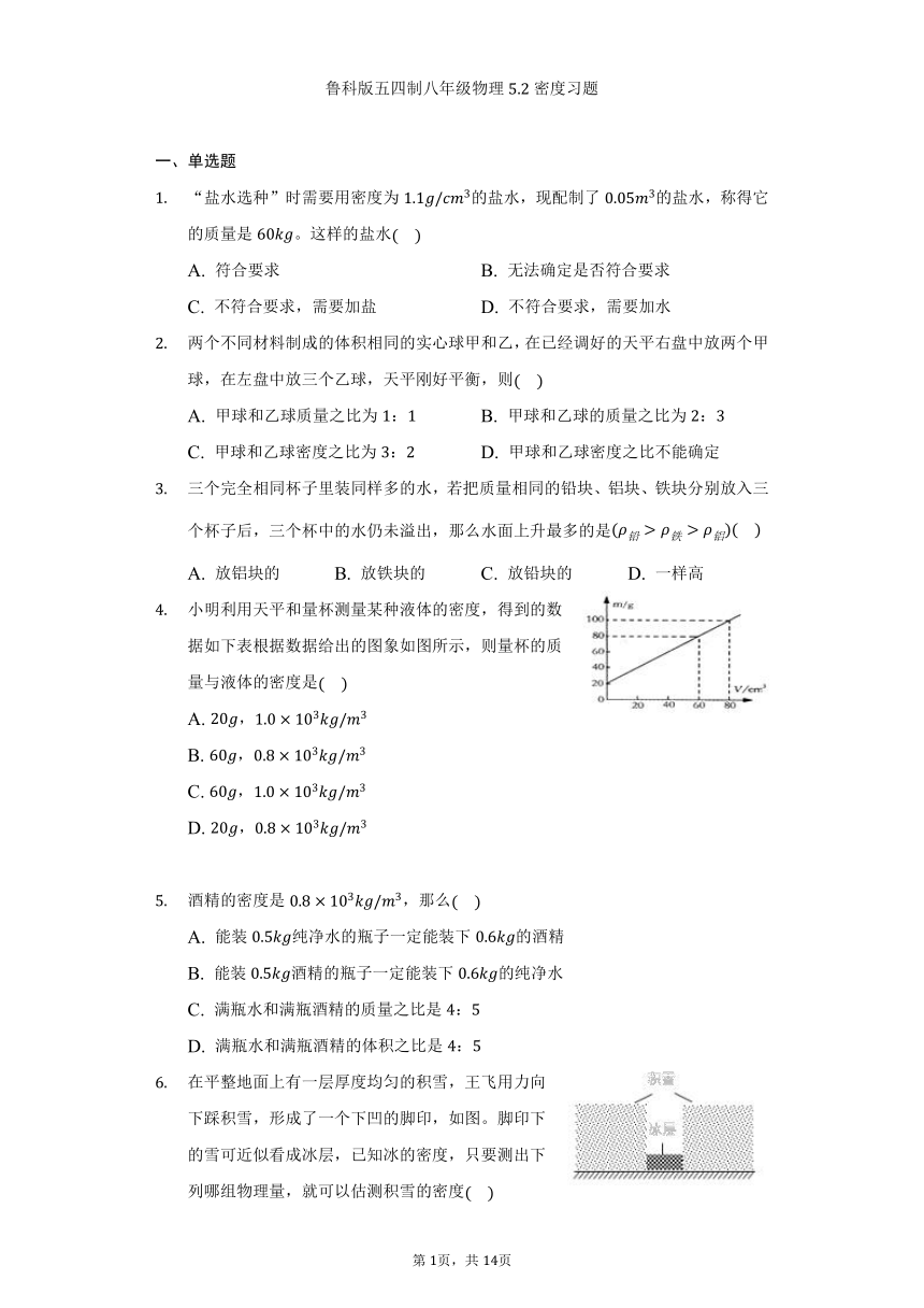 鲁科版五四制八年级物理5.2密度习题（含解析）