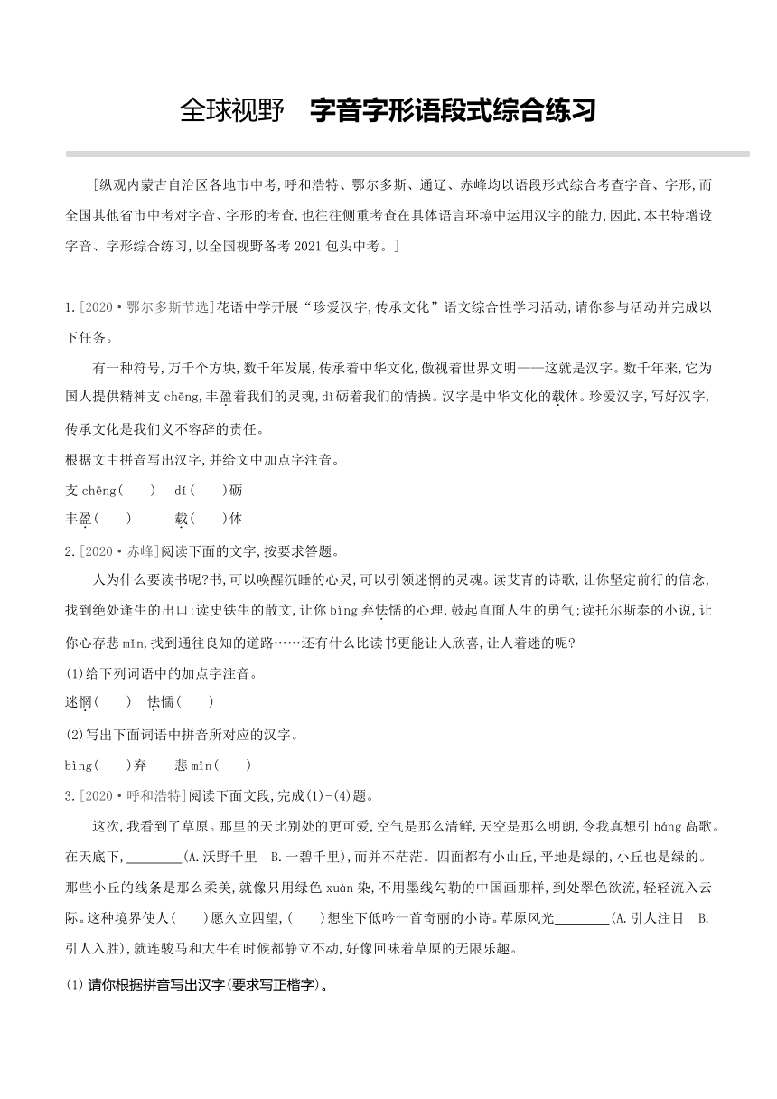 2021年包头市中考语文专题复习1字音字形语段式综合练习（含答案）