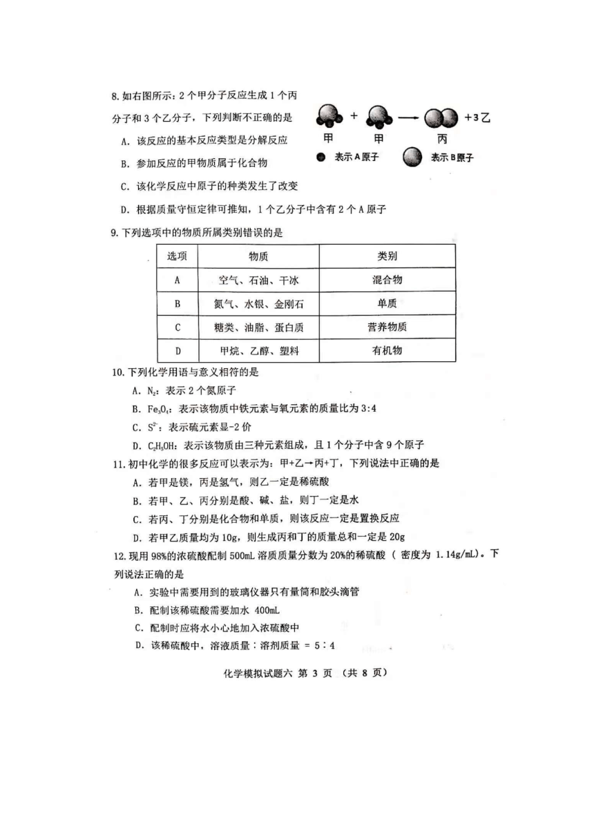 2021年山东省滨州市中考模拟化学试题（六）（图片版有答案）