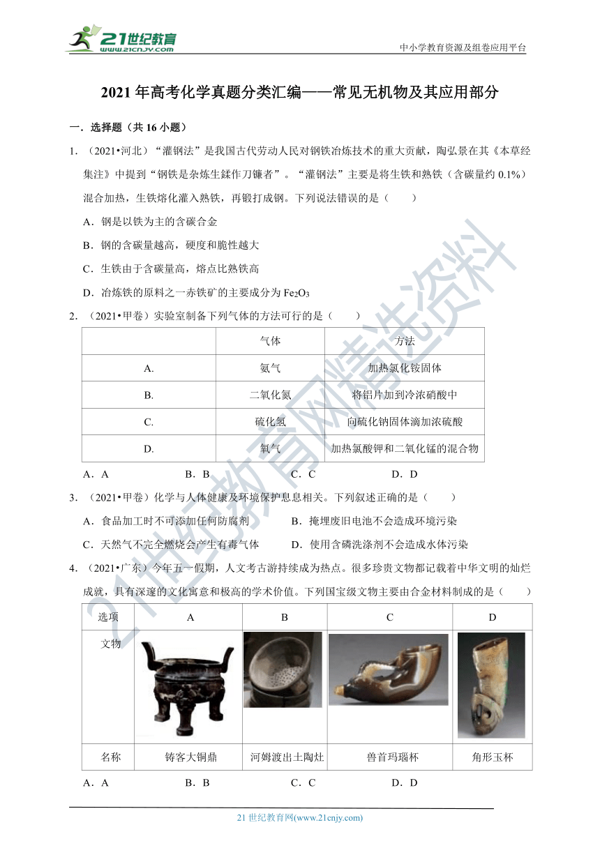 2021年高考化学真题分类汇编——常见无机物及其应用部分（有解析）