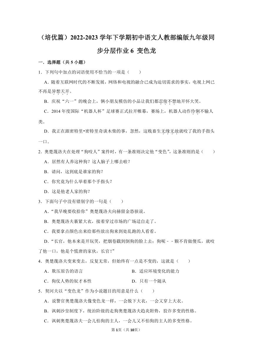 （培优篇）2022-2023学年下学期初中语文人教部编版九年级同步分层作业6 《变色龙》（含解析）