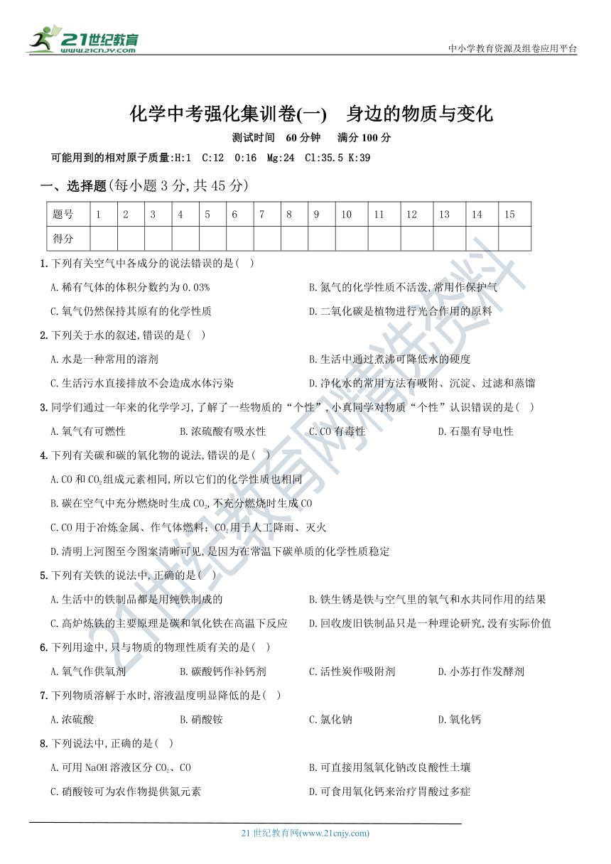 化学中考强化集训卷(一)  身边的物质与变化（含答案）