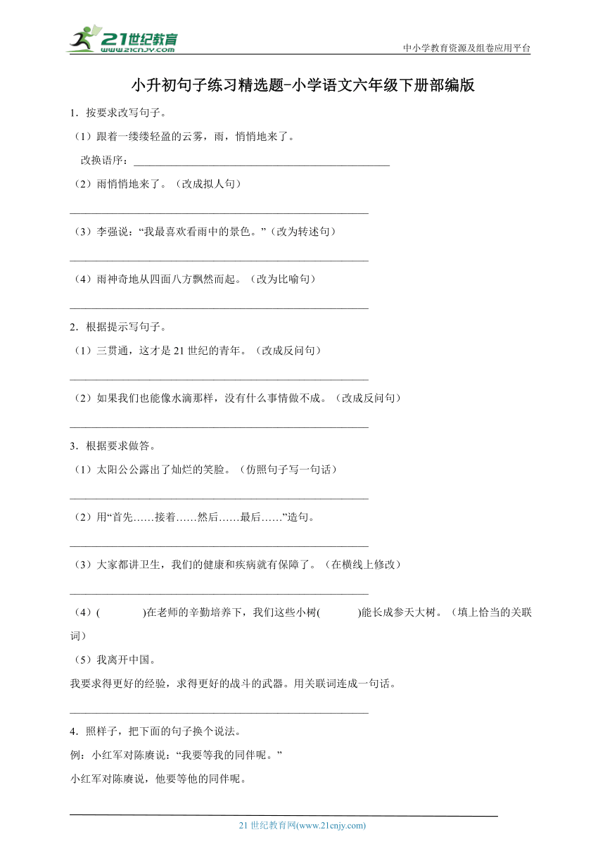 部编版小学语文六年级下册小升初句子练习精选题-（含答案）