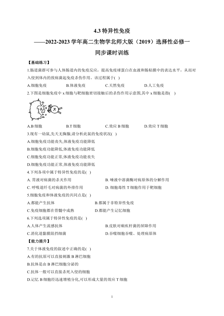 4.3特异性免疫——2022-2023学年高二生物学北师大版（2019）选择性必修一同步课时训练（word版含解析）