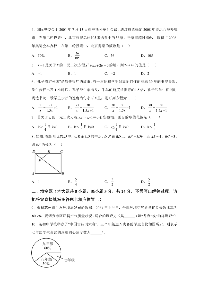 江苏省苏州市2023-2024学年八年级下学期期中数学试题(含解析)