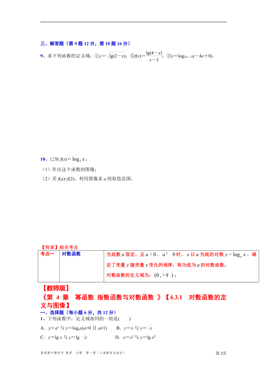 2021-2022学年高一上学期数学沪教版(2020)必修第一册4.3.1  对数函数定义与图像“四基”测试题（含解析）