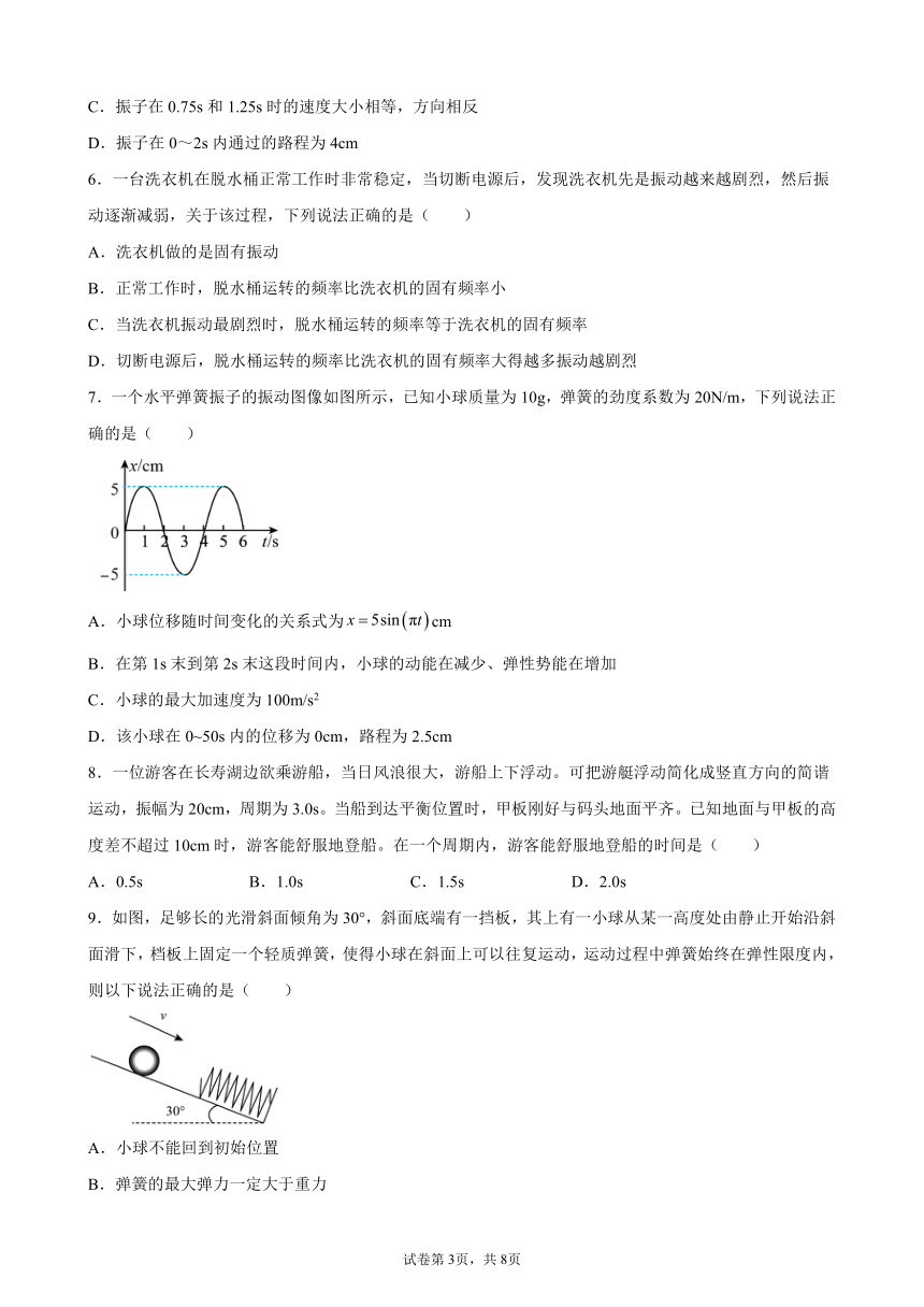 第二章《机械振动》章末复习卷-2021-2022学年高二上学期物理人教版（2019）选择性必修第一册有答案