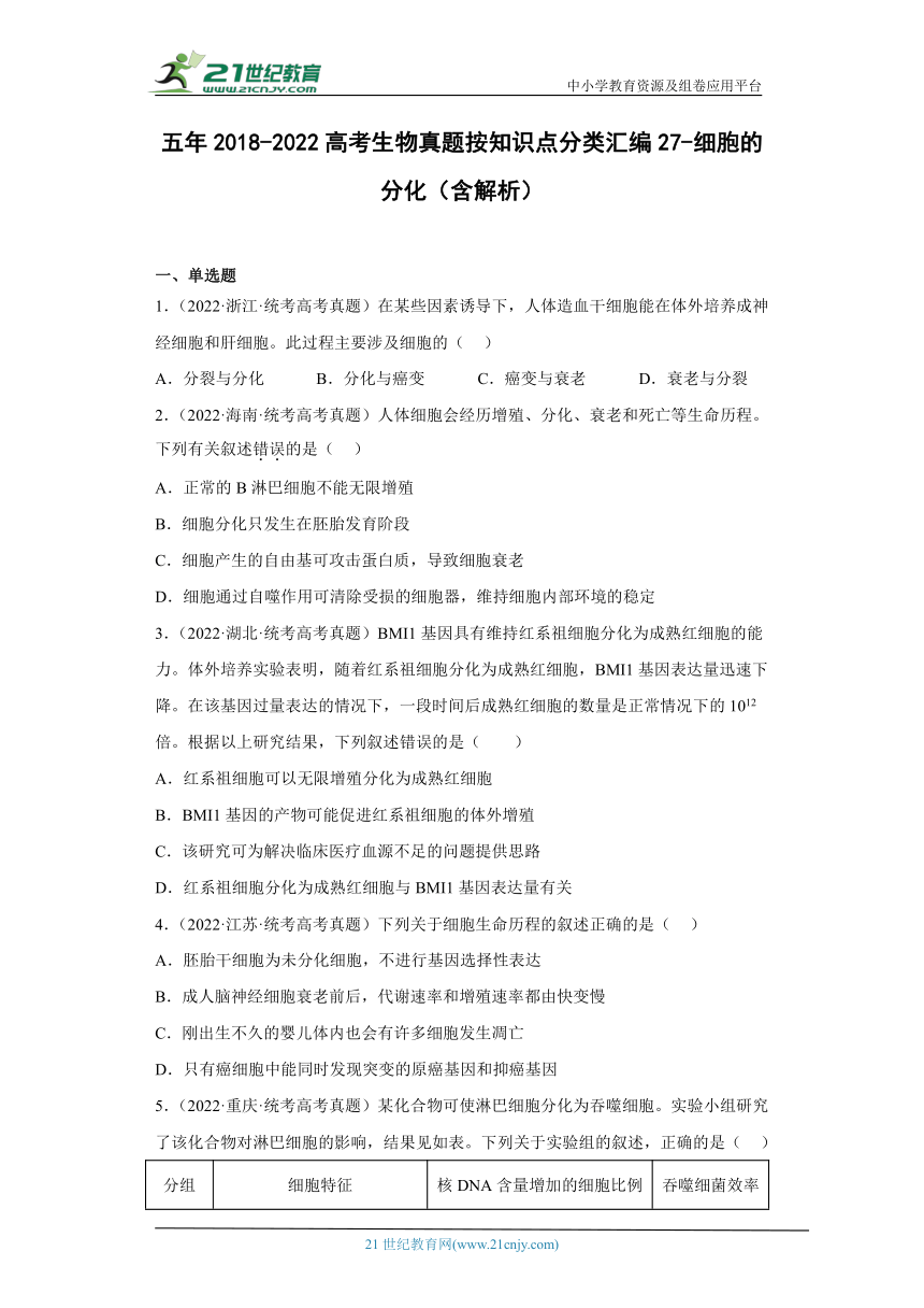 五年2018-2022高考生物真题按知识点分类汇编27-细胞的分化（含解析）