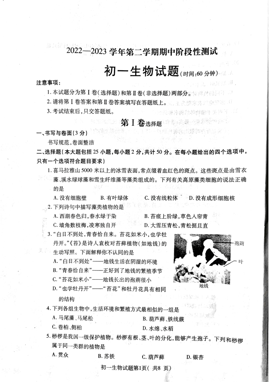 山东省烟台市龙口市2022-2023学年六年级下学期4月期中生物试题（图片版 含答案）