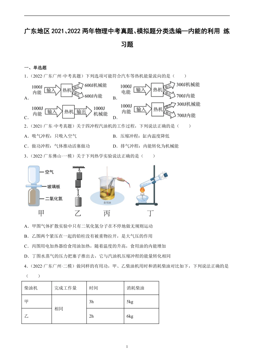 广东地区2021、2022两年物理中考真题、模拟题分类选编—内能的利用 练习题（含答案）