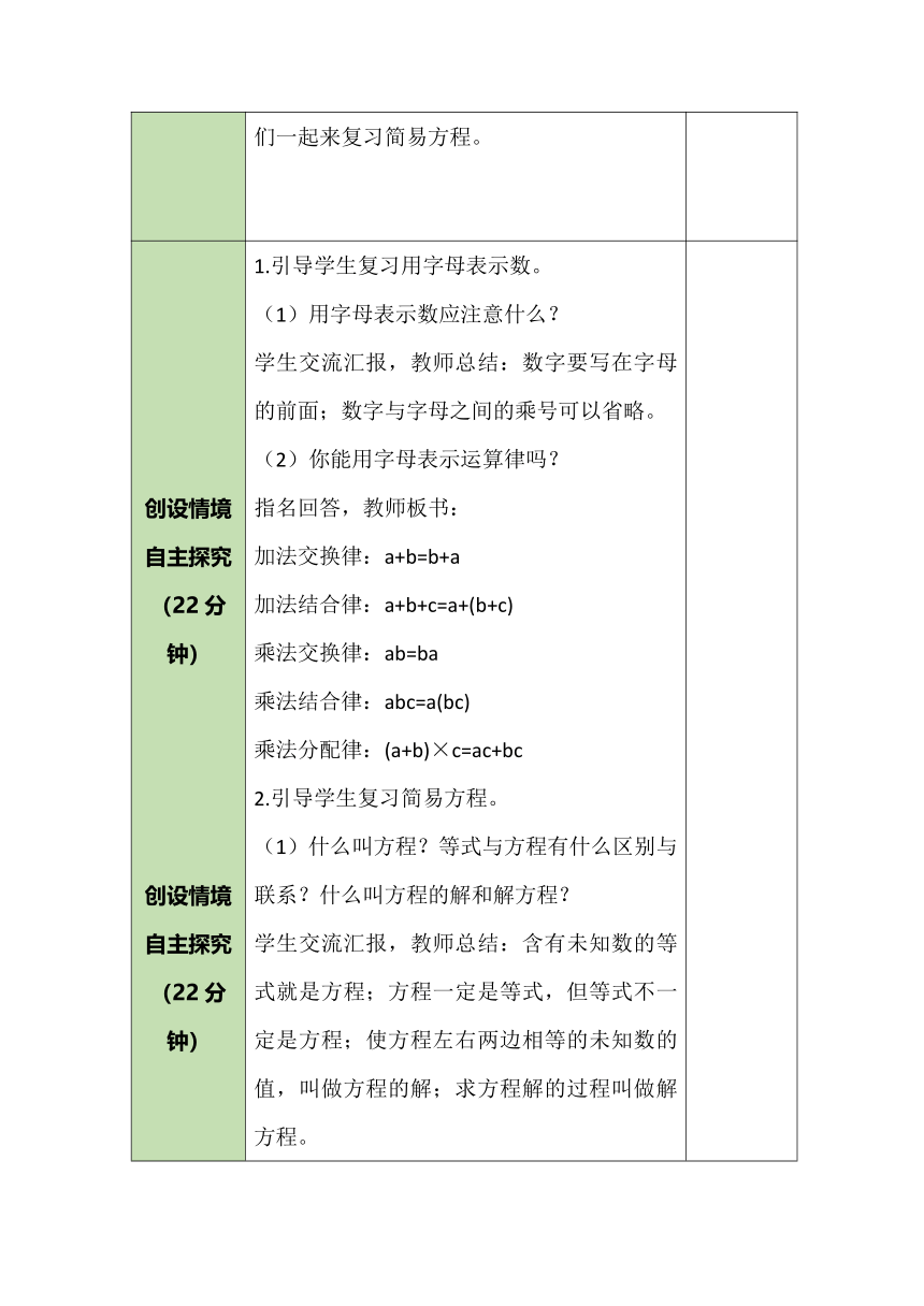 人教版数学五年级上册总复习—— 简易方程 教案