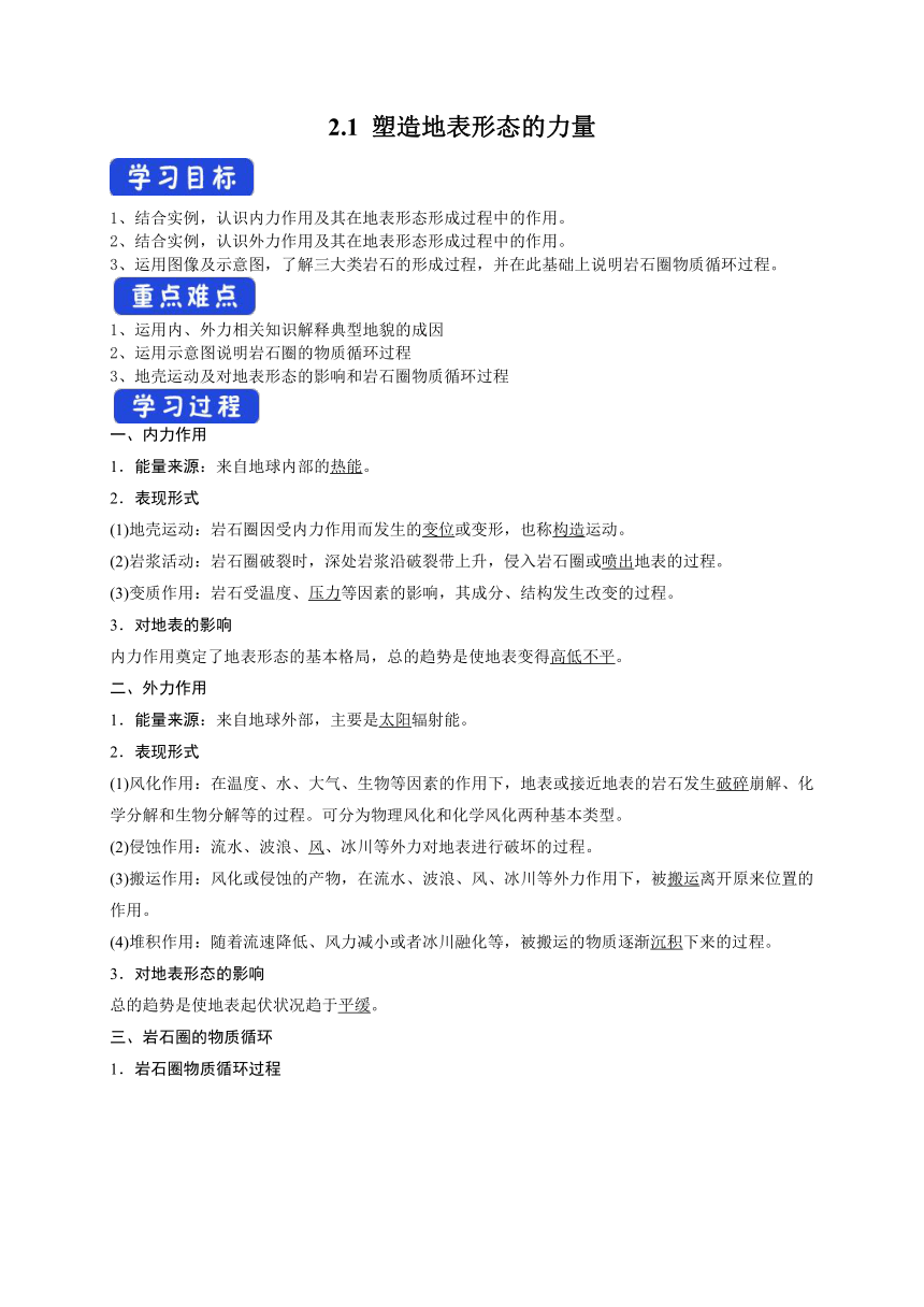 2.1 塑造地表形态的力量  导学案 2022-2023学年高二地理 人教版2019选择性必修一