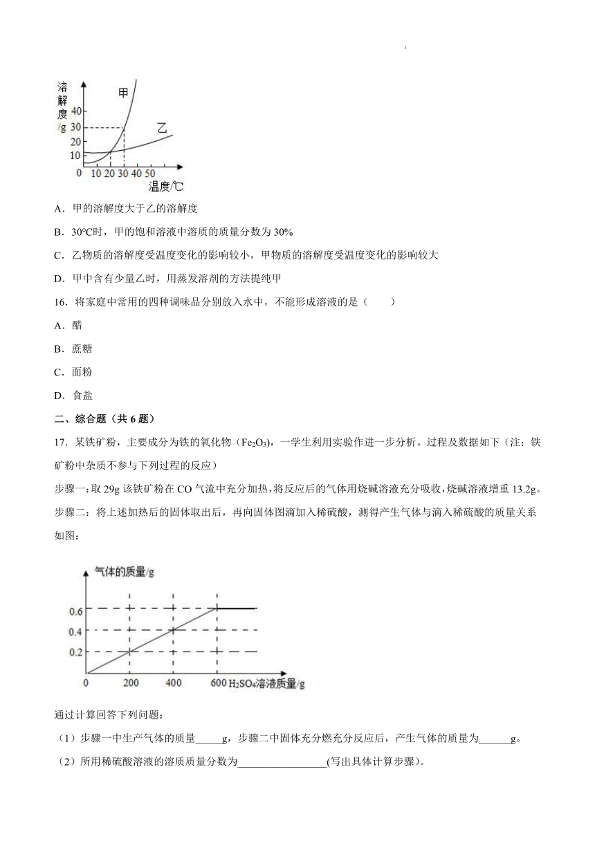 第9章溶液基础夯实--2021-2022学年九年级化学京改版（2013）下册（word版含解析）