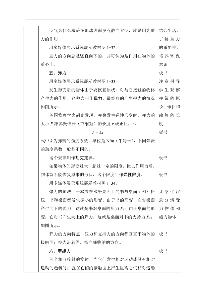 人教版物理（中职）通用类 1.3 重力 弹力 摩擦力 教案（表格式，2课时）