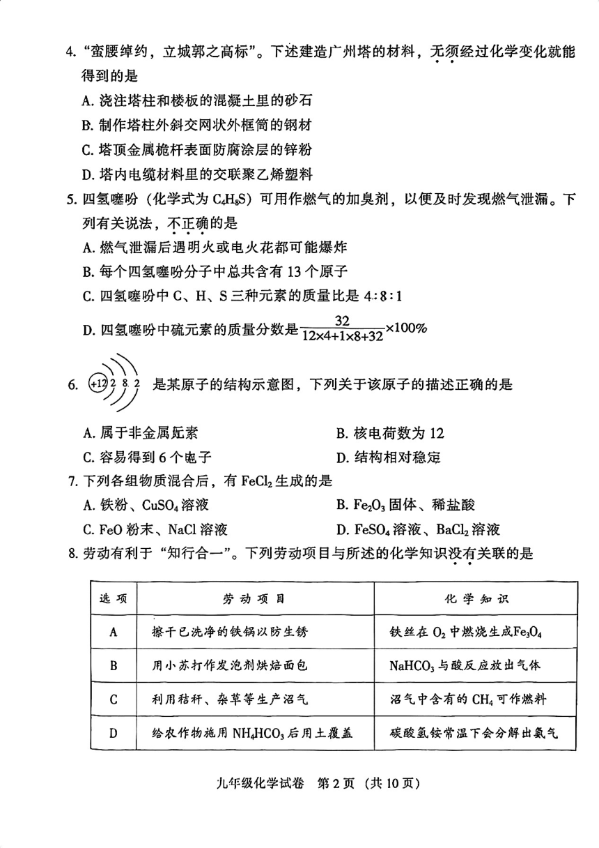 2024年广东省广州市越秀区一模化学试题(图片版，无答案)