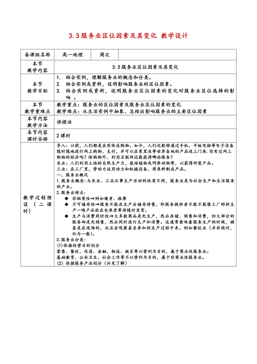 3.3服务业区位因素及其变化 教学设计 （表格式）