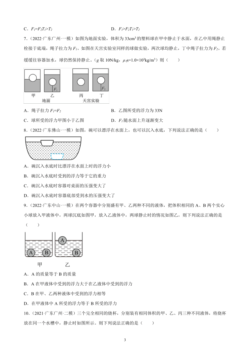 广东地区2021、2022两年物理中考真题、模拟题分类选编—浮力 练习题（含答案）