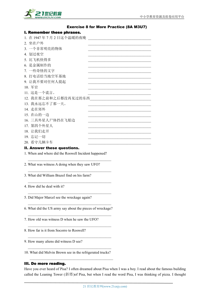 Unit 7 Nobody wins (Ⅱ) Exercise 8 for More Practice（含答案）