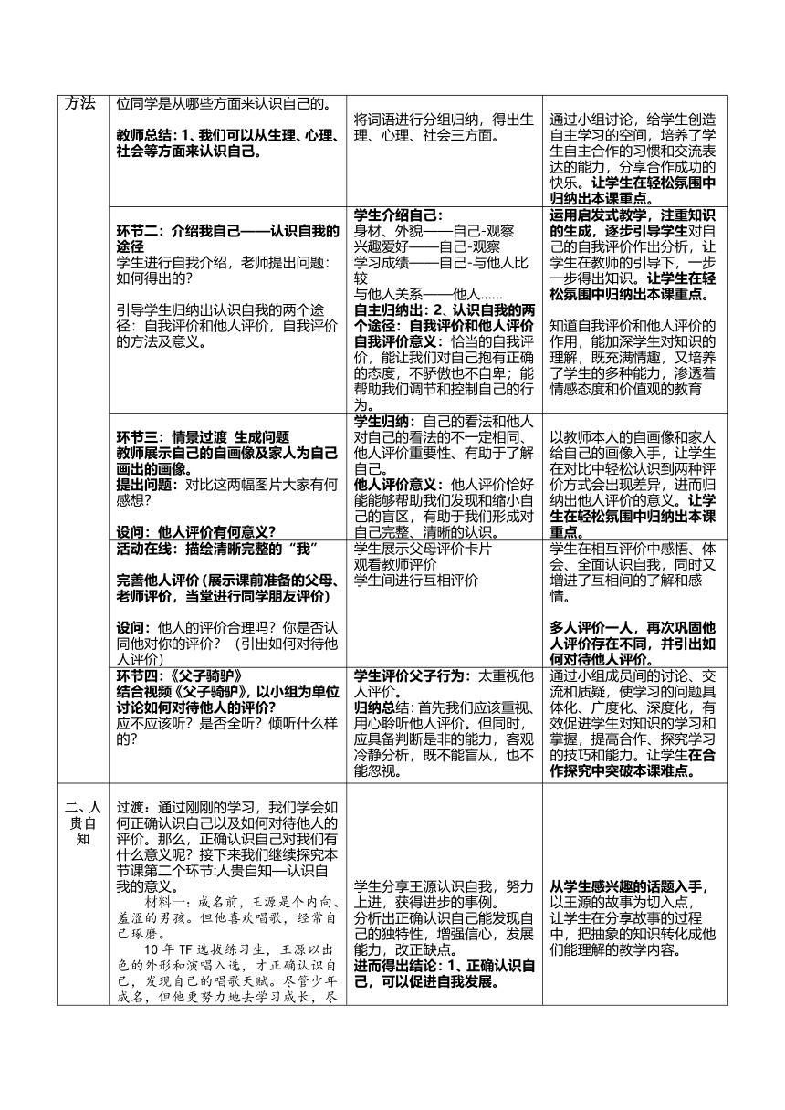 3.1 认识自己 表格式教案