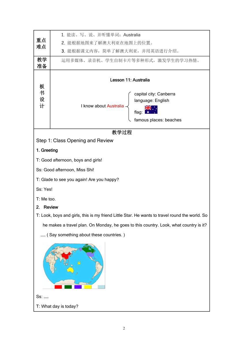 Unit 2 My Country and English-speaking Countries Lesson 11 Australia表格式教案