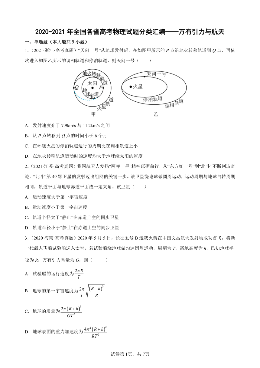 2021年全国各省高考物理试题分类汇编——万有引力与航天（word版含答案）