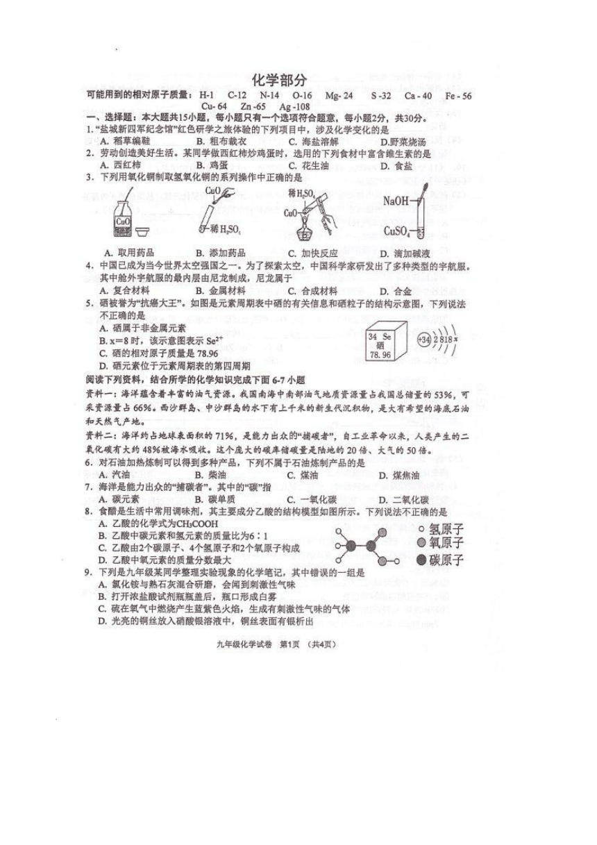 2024年江苏省盐城市大丰区九年级一模化学试题(图片版 无答案)