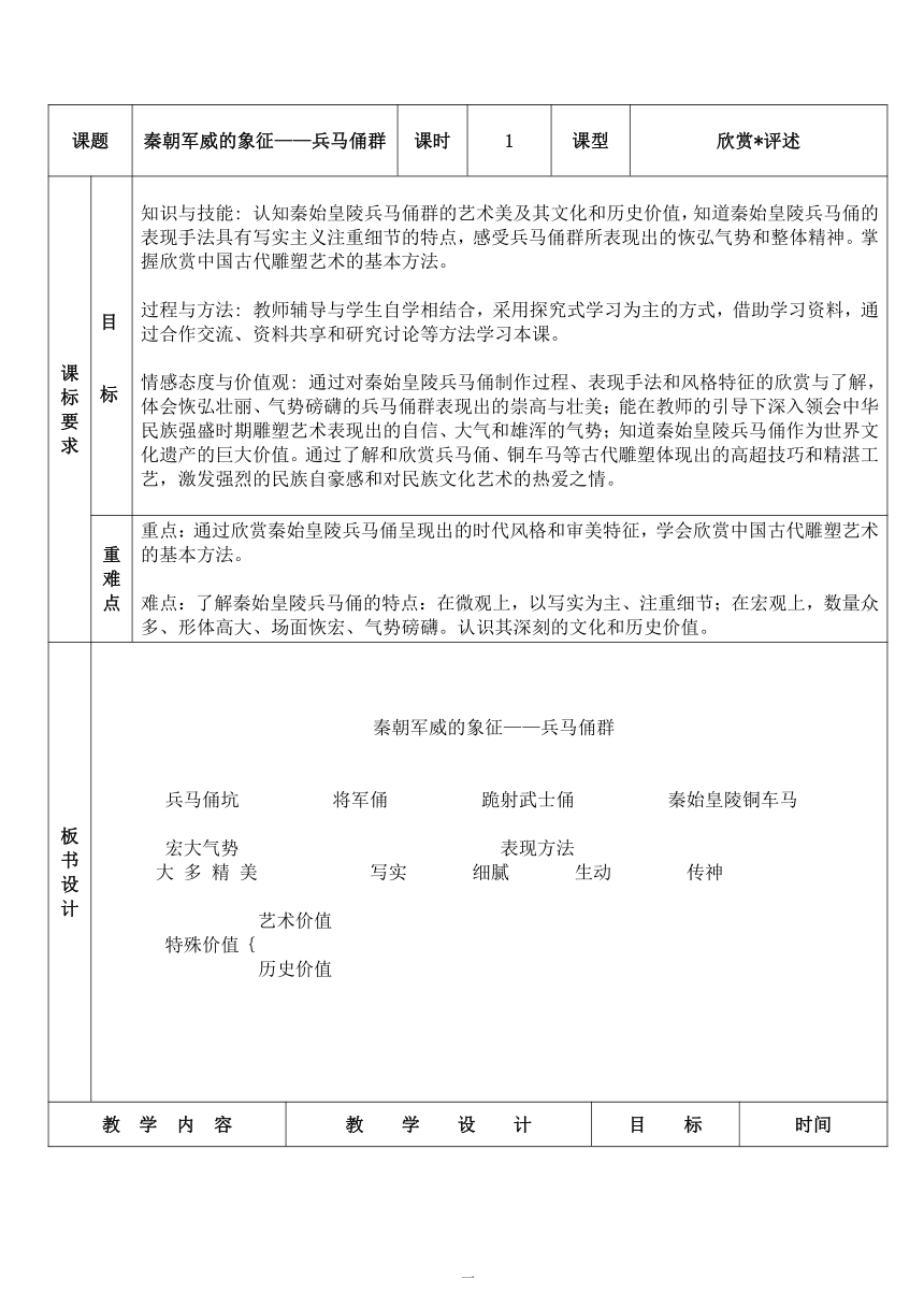 人美版九上美术 秦始皇陵兵马俑 秦朝军威的象征（自学）  教案