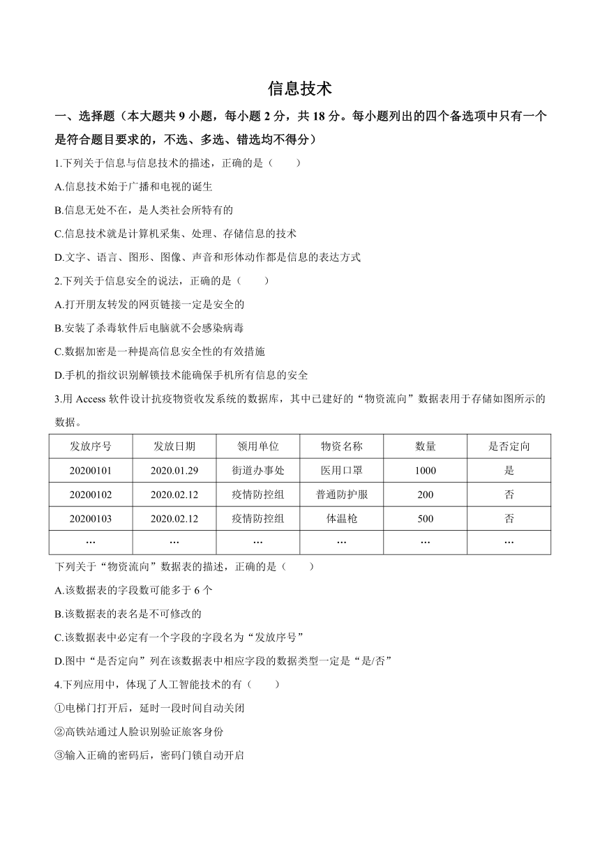 2021年1月浙江省普通高校招生学考信息技术试题（word版，含答案）