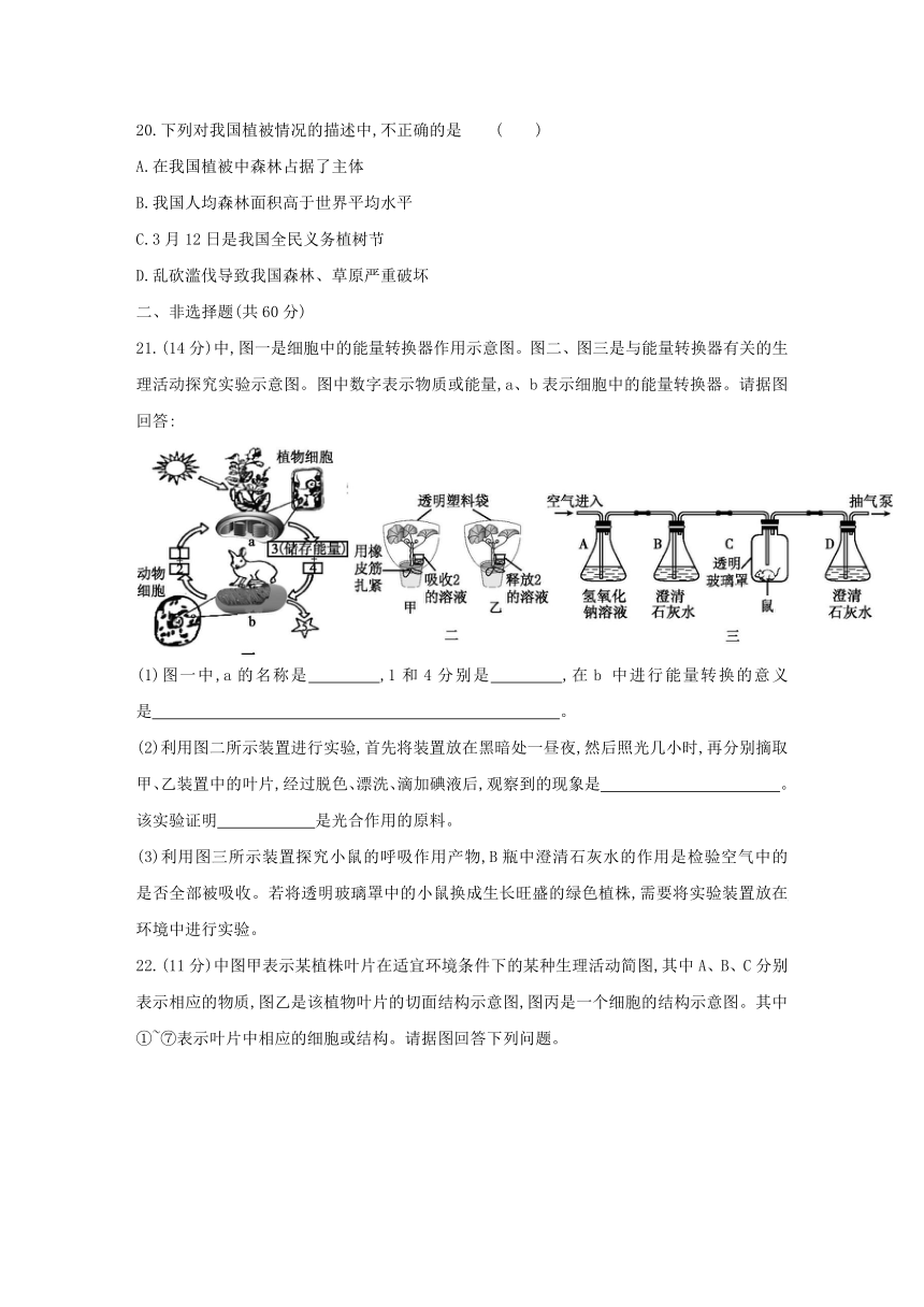 人教版生物学七年级上册同步练习：第三单元　第三~六章  单元综合测试(word版含答案）