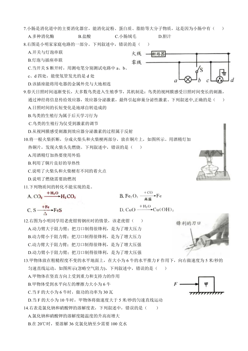 浙江省2022年初中学业水平考试（湖州市）科学试题卷（word版 含图片答案）