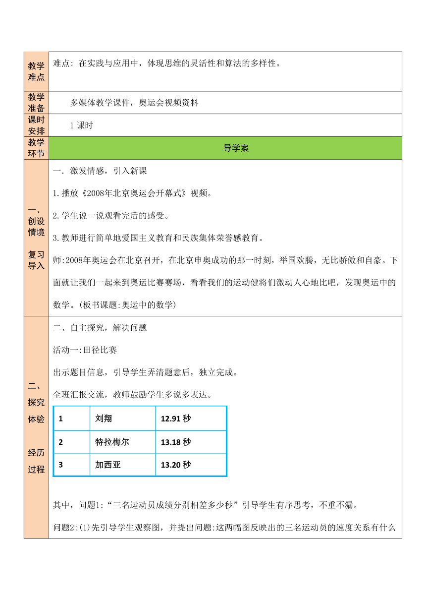 第2课时 奥运中的数学北师大版数学小学四年级下册表格式教案