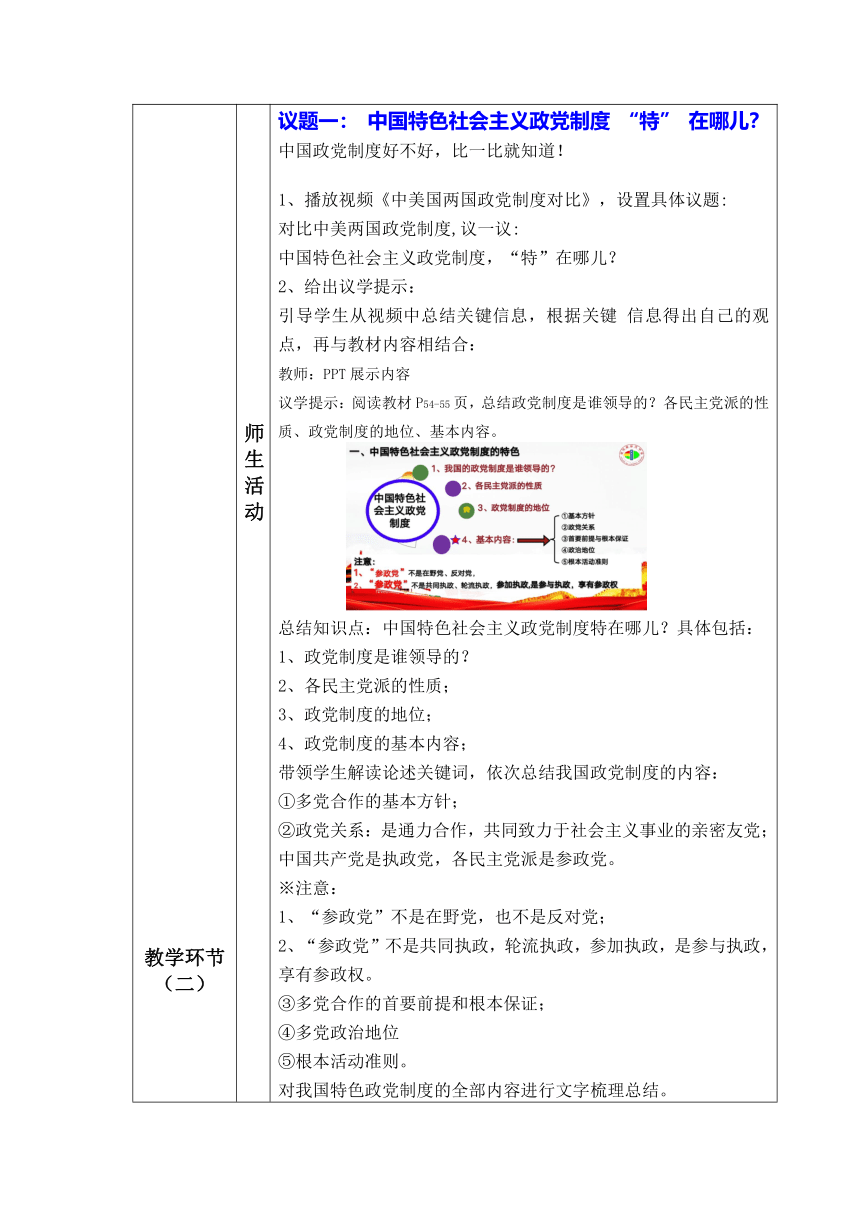 【核心素养目标】6.1 中国共产党领导的多党合作和政治协商制度 教案（表格式）-2022-2023学年高中政治统编版必修三政治与法治