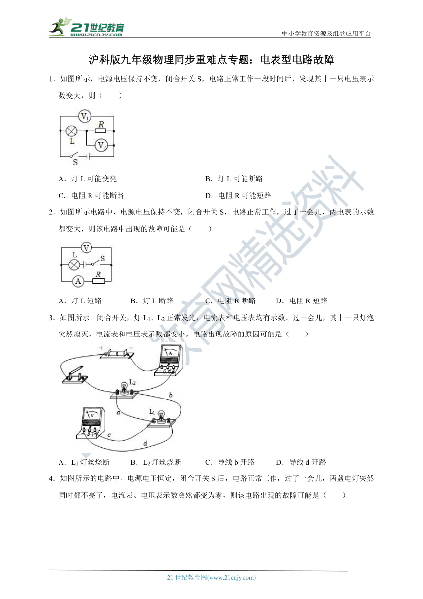 沪科版九年级物理同步重难点专题：电表型电路故障（有解析）