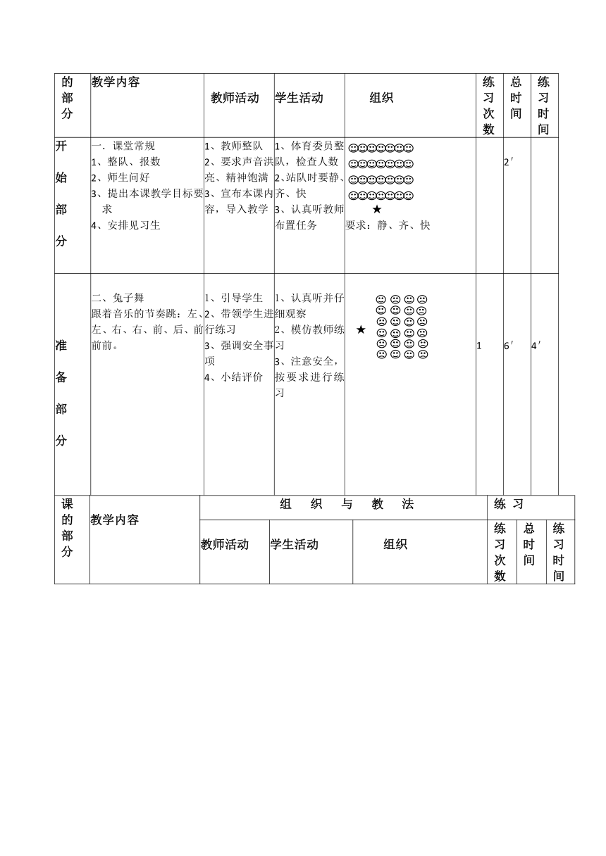 通用版体育一年级上册 立定跳远 教案（表格式）