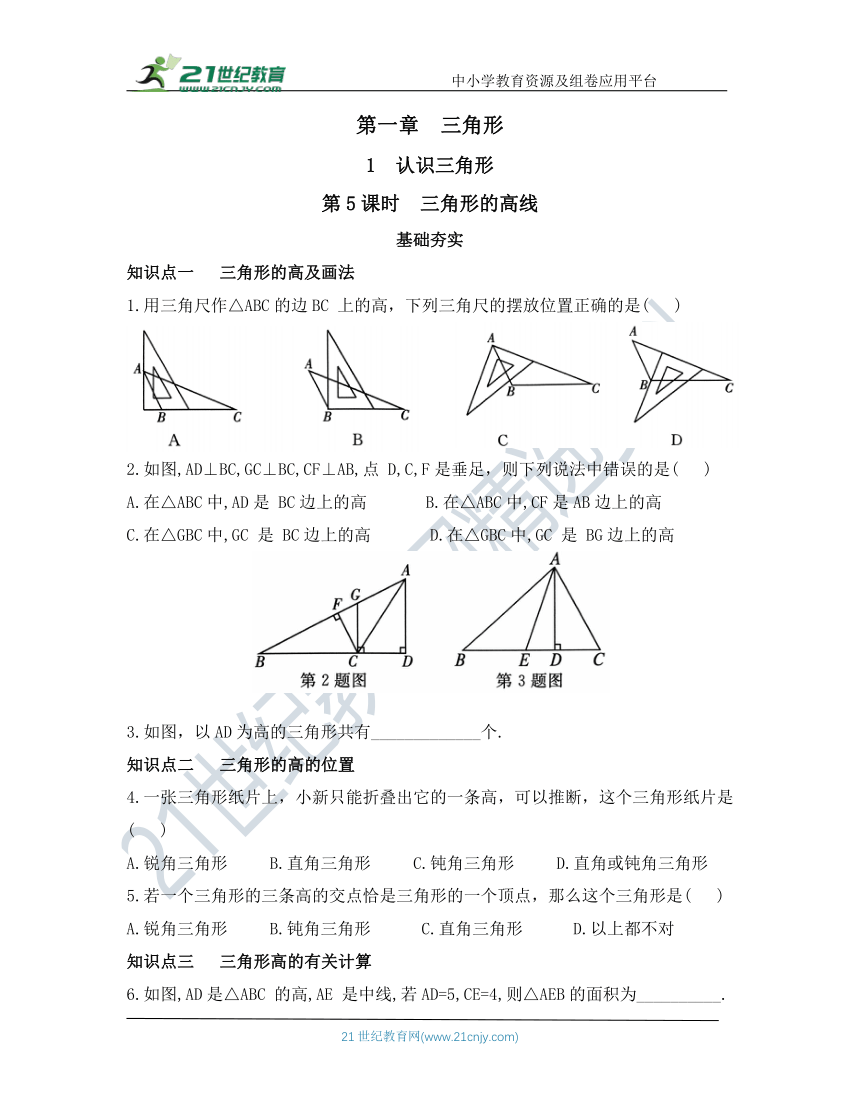 第一章  三角形  1  认识三角形  第5课时  三角形的高线 同步训练（含答案）