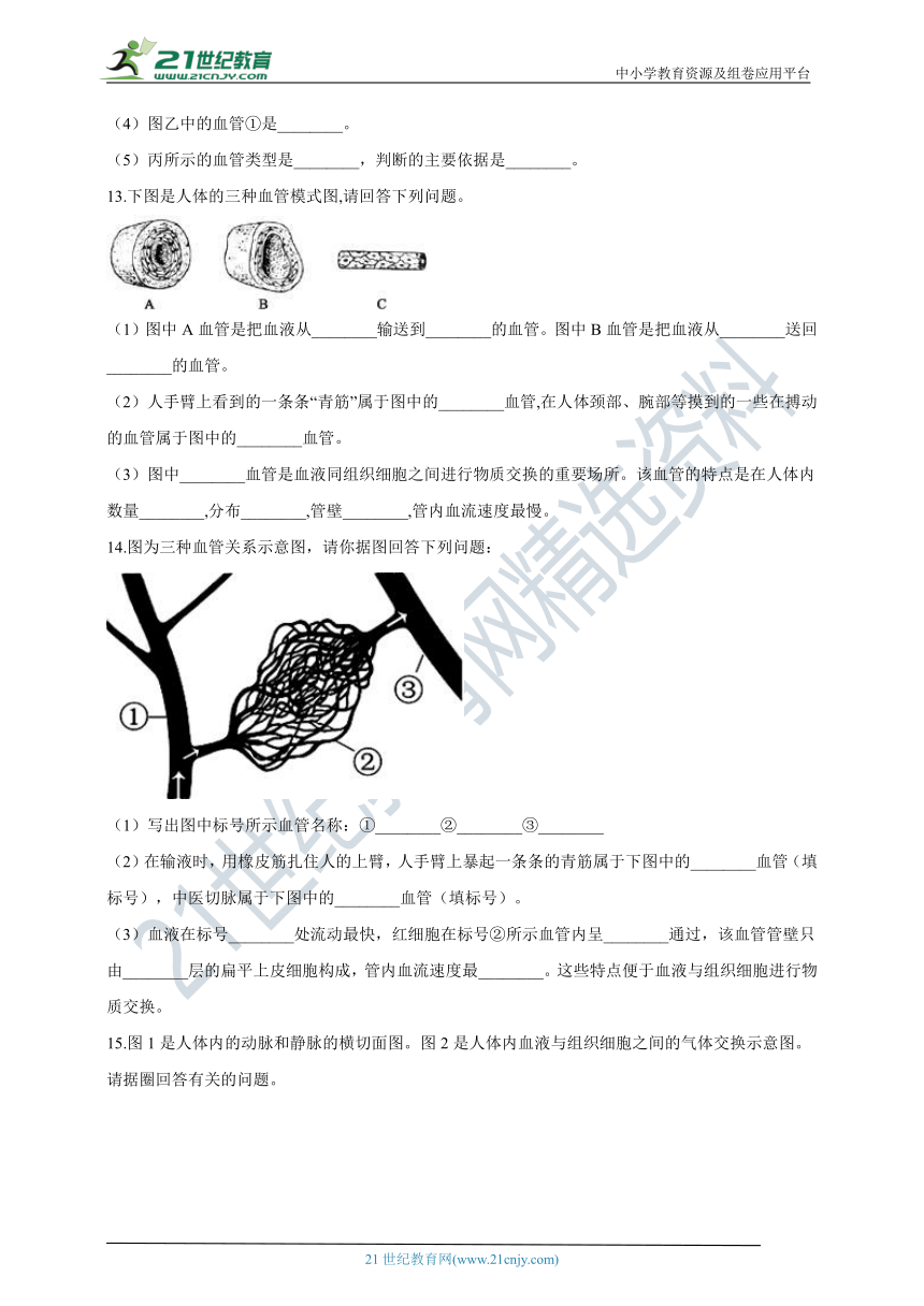 人教版2021初中生物七年级下册4.4.2血流的管道--血管同步练习（含解析）