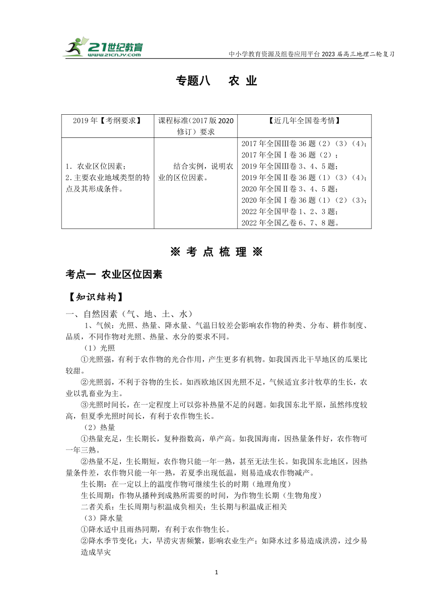 专题八 农 业   高考地理二轮梳理进阶学案（含解析）