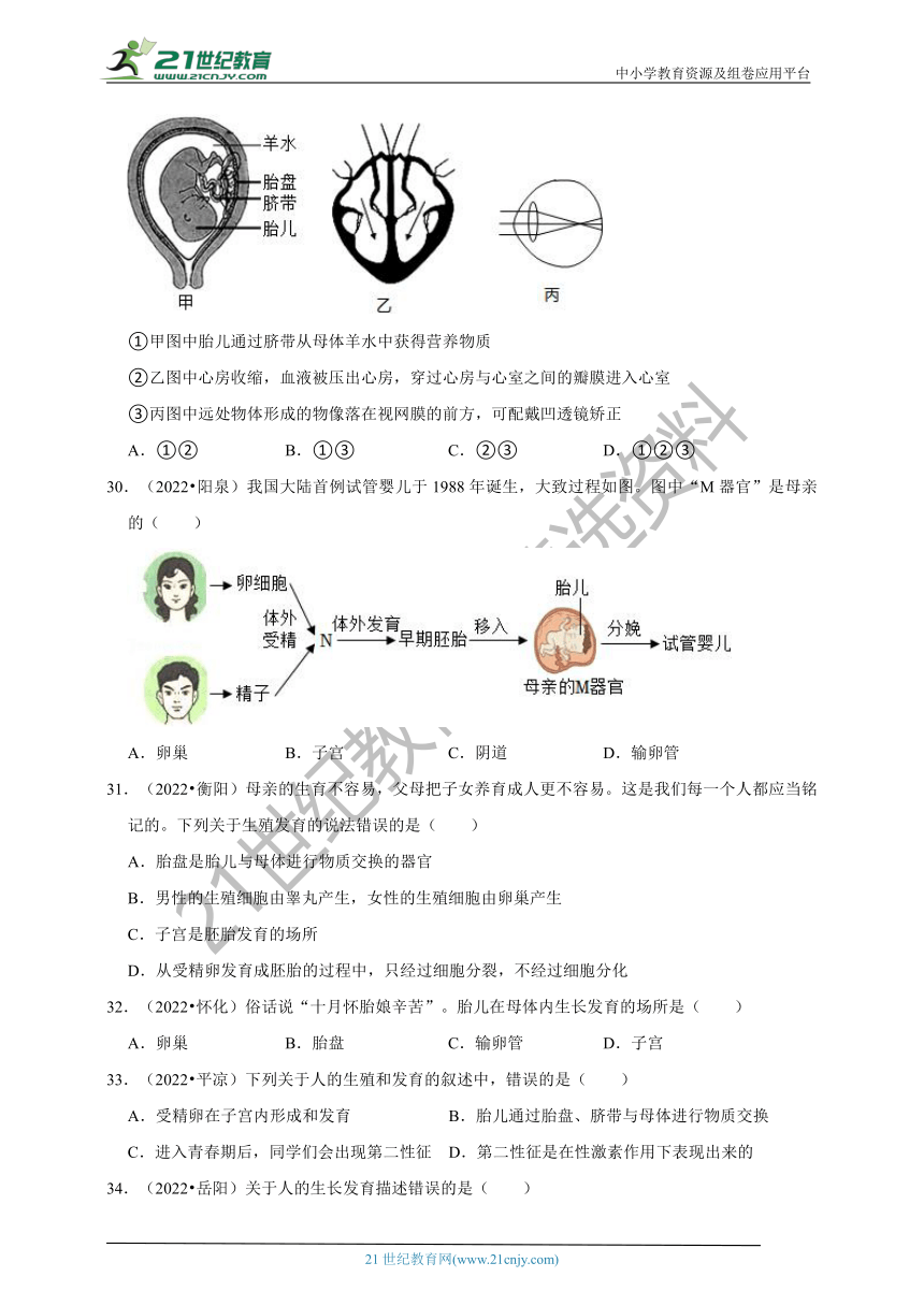 【备考2023】2022年中考生物真题分类汇编6——人的生殖和发育部分（含解析）