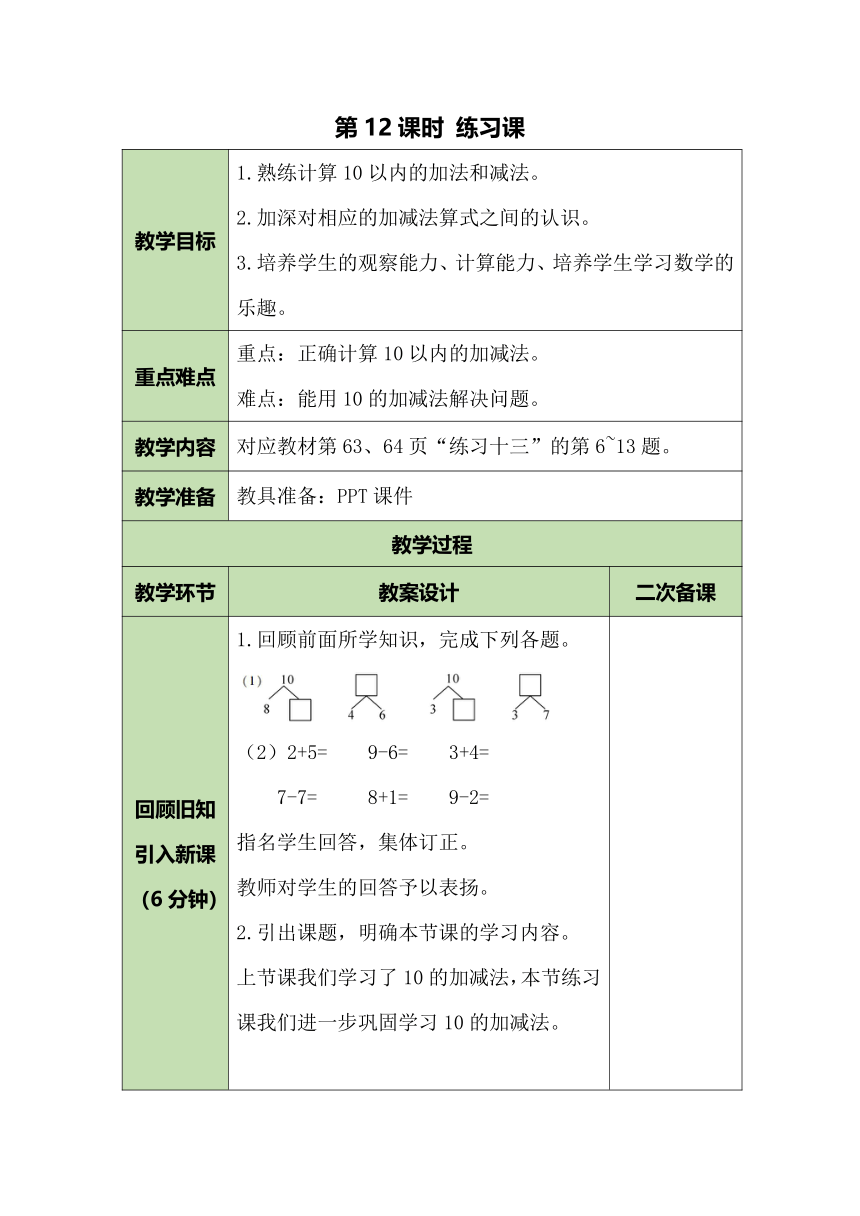 人教版数学一年级上册5.12   6-10的认识和加减法  练习课 教案