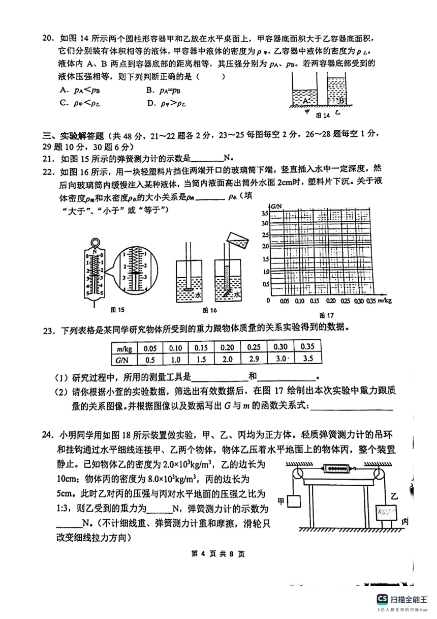 北京海淀区2023-2024学年八年级物理下学期期中考试卷（PDF版无答案）