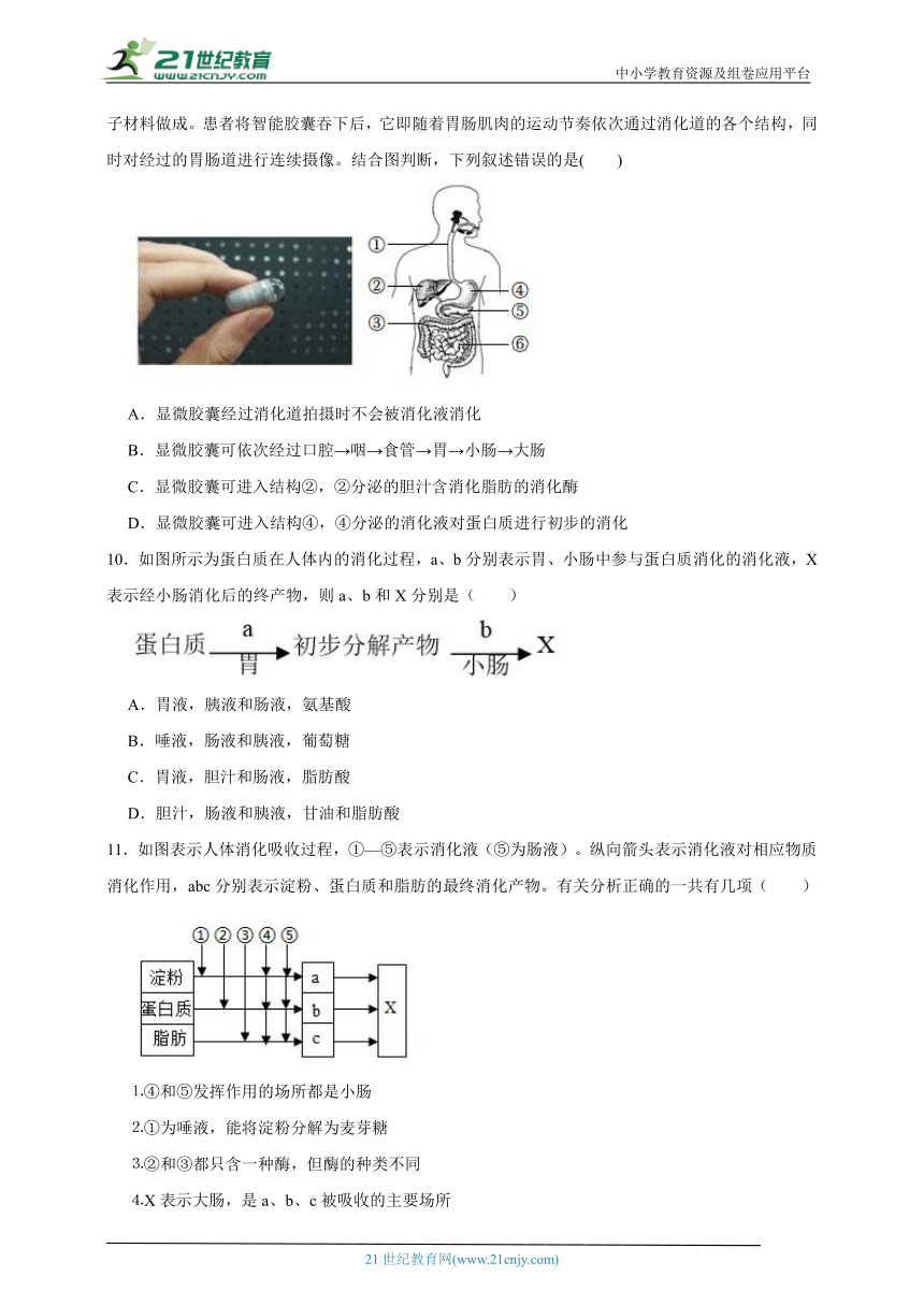 浙教版九上第四章专题二十一、4.1-4.2七大营养与消化吸收（含解析）
