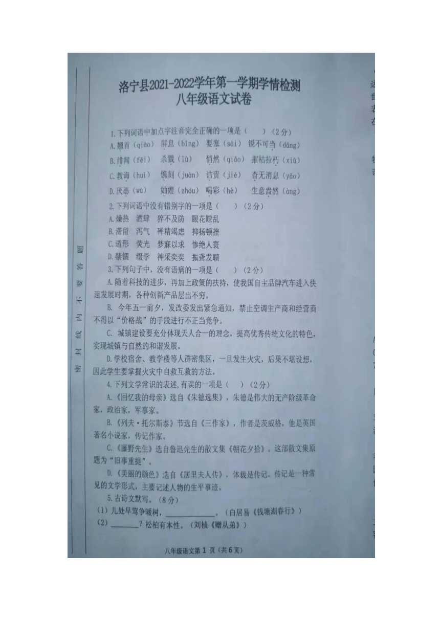河南省洛宁县2021-2022学年八年级上学期期中语文试卷（图片版，含答案）