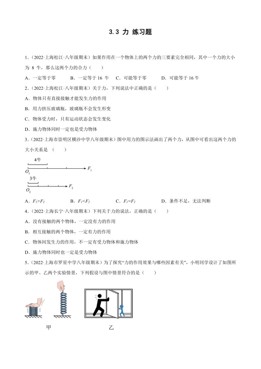 3.3 力 期末试题分类选编 上海市各地2021-2022学年八年级沪教版物理上学期（有解析）