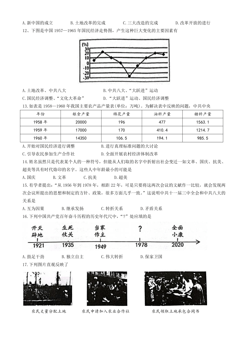 安徽省合肥市庐江县2023-2024学年八年级下学期4月期中历史试题（含答案）