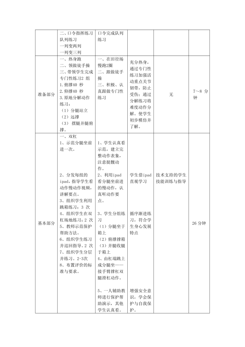 人教版初中体育与健康 九年级-第七章 分腿骑撑前进 教案（表格式）